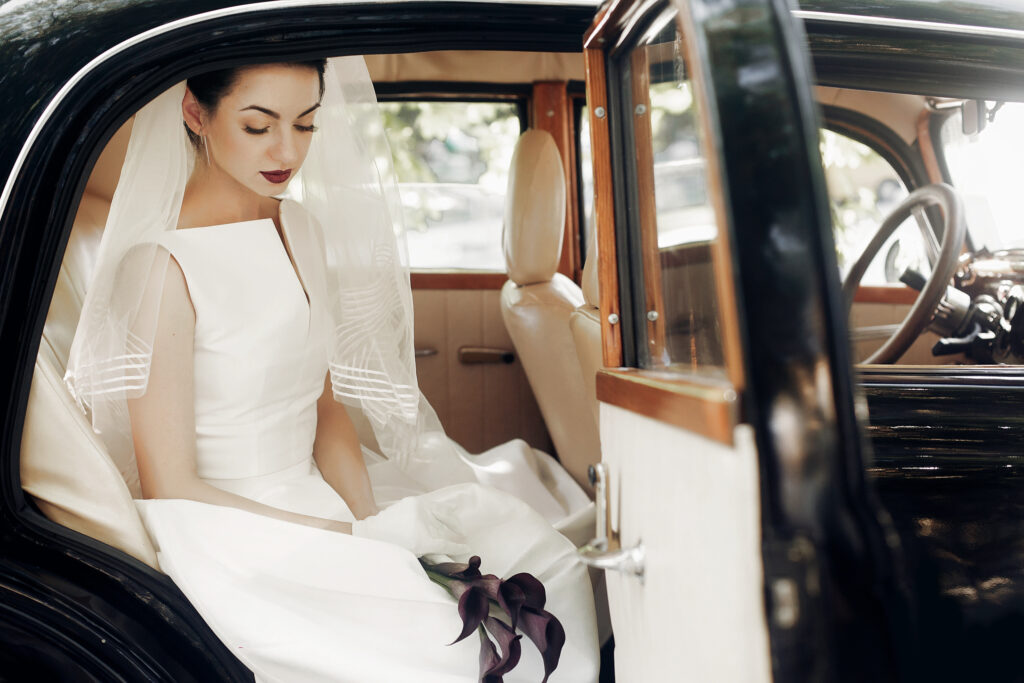 luxury wedding car and bride